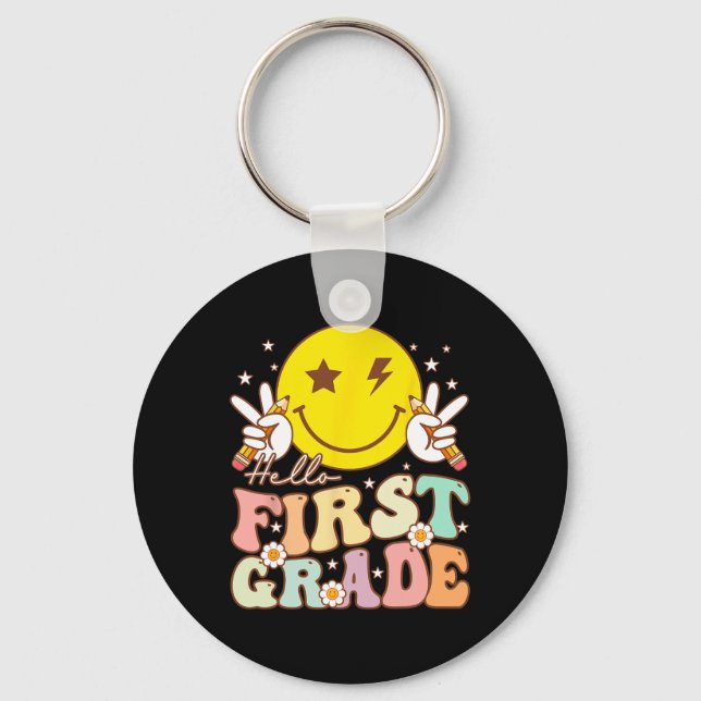 Hello First Grade Hippie Smile Face 1st Grade Back Key Ring (Front)