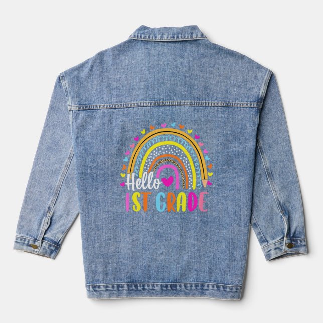 Hello First Grade Leopard Rainbow Teacher Back To  Denim Jacket (Back)