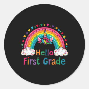 Hello First Grade Rainbow Cute Unicorn Teacher Kid Classic Round Sticker