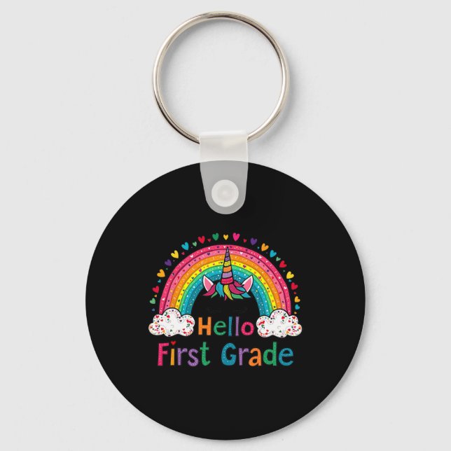 Hello First Grade Rainbow Cute Unicorn Teacher Kid Key Ring (Front)