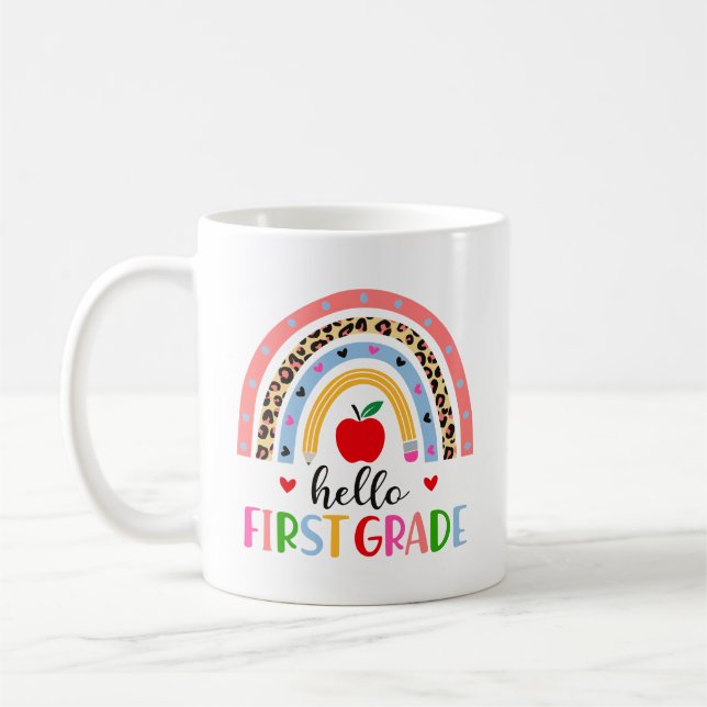 Hello First Grade Rainbow Sticker – Colourful Back Coffee Mug (Left)