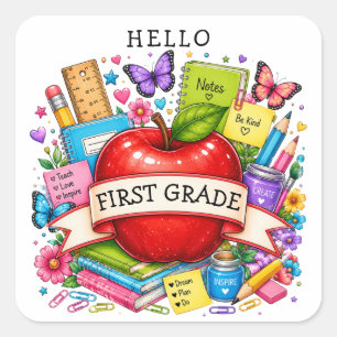 Hello First Grade Retro Apple Square Sticker