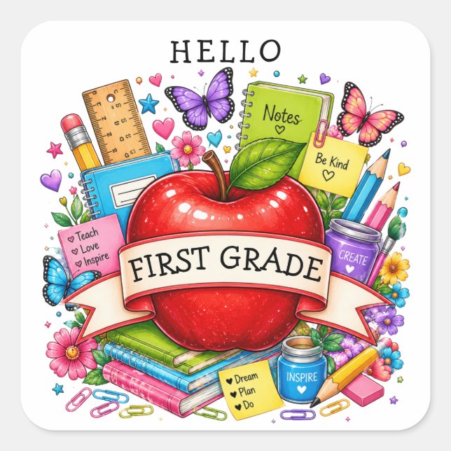 Hello First Grade Retro Apple Square Sticker (Front)
