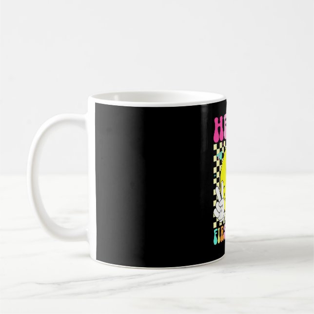Hello first grade retro smile face back to school coffee mug (Left)