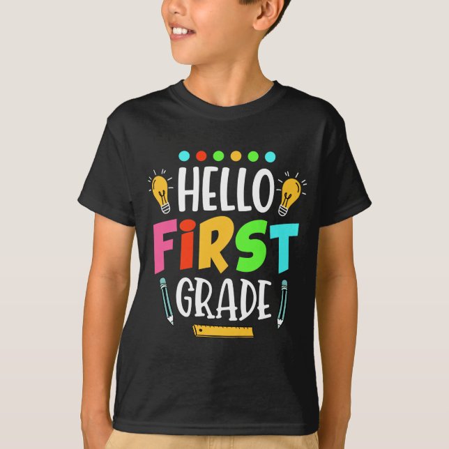 Hello First Grade School Teacher First Day T-Shirt (Front)