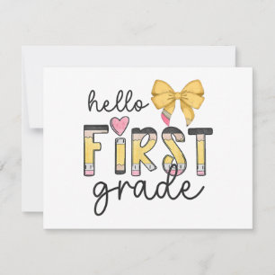 Hello First Grade Teacher Coquette Pencil Bow Back
