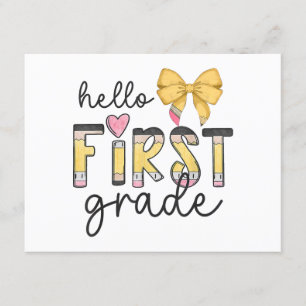 Hello First Grade Teacher Coquette Pencil Bow Back Enclosure Card
