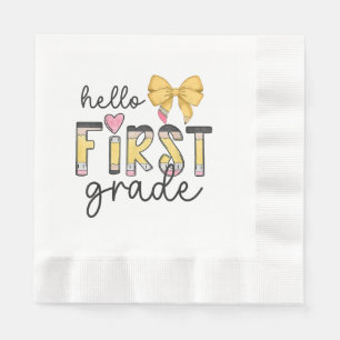Hello First Grade Teacher Coquette Pencil Bow Back Napkin