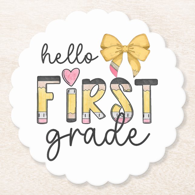 Hello First Grade Teacher Coquette Pencil Bow Back Paper Coaster (Front)