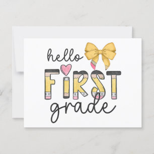Hello First Grade Teacher Coquette Pencil Bow Back Postcard