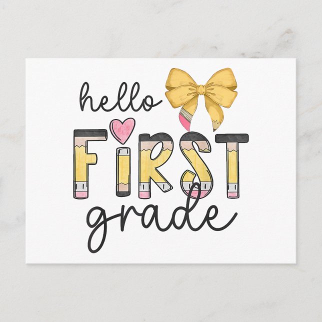 Hello First Grade Teacher Coquette Pencil Bow Back Postcard (Front)