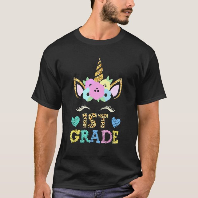 Hello First Grade Unicorn Face 1st Day Leopard Tea T-Shirt (Front)