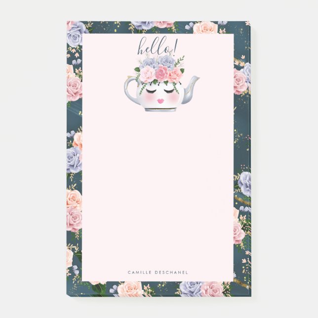Hello Floral Eyelashes Teapot Pattern Personalised Post-it Notes (Front)