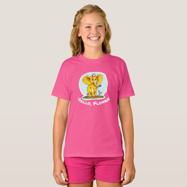 “Hello, Flower! – Cute Yellow Elephant T-Shirt (Front Full)