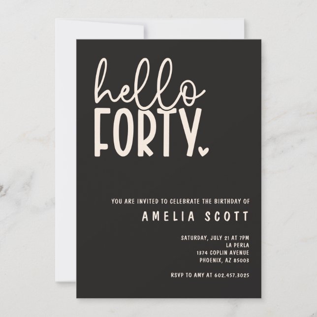 Hello Forty 40th Birthday Modern Black Minimal  Invitation (Front)
