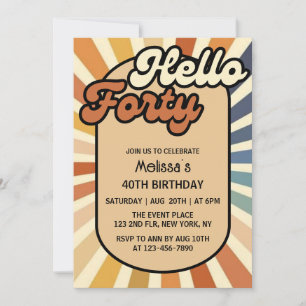 Hello Forty Brown Retro Sun Groovy Wave Birthday Invitation