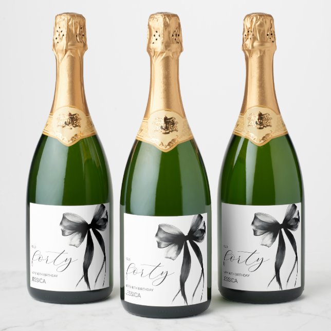 Hello Forty Elegant Script Bow 40th Birthday Party Sparkling Wine Label (Bottles)