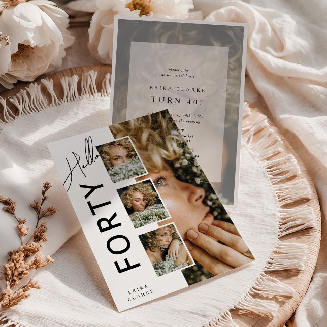 Hello FORTY' Modern Photo Collage 40th Birthday Invitation (Creator Uploaded)