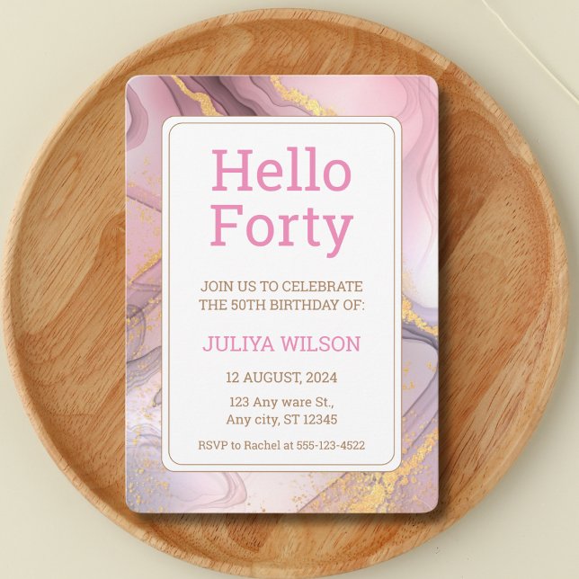 Hello forty pink glitter calligraphy birthday invitation (Creator Uploaded)