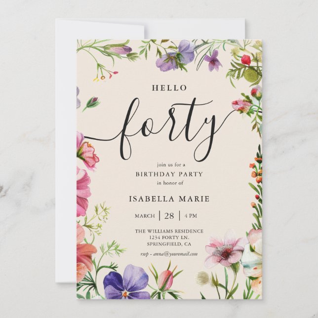 Hello Forty Pretty Floral 40th Birthday  Invitation (Front)