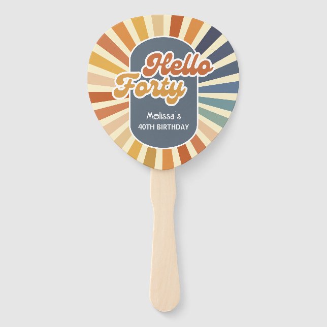 Hello Forty Retro Sun Groovy Wave Birthday Hand Fan (Front)