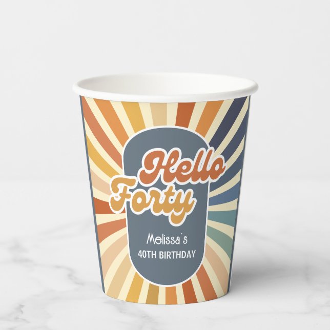 Hello Forty Retro Sun Groovy Wave Birthday Paper Cups (Back)