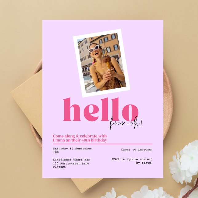 "Hello, four-oh!" 40th birthday purple Invitation Postcard (Creator Uploaded)