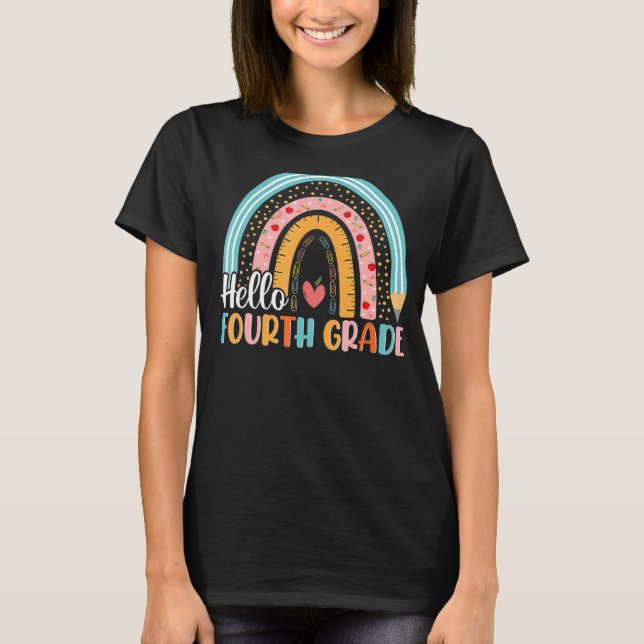 Hello Fourth 4th Grade Boho Rainbow Teacher Back T T-Shirt (Front)
