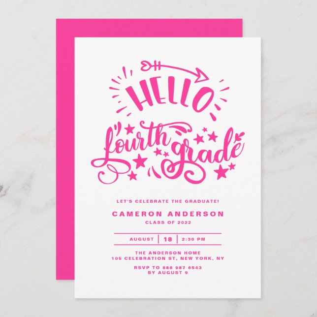 Hello Fourth Grade | Pink Third Grade Graduation Invitation (Front/Back)