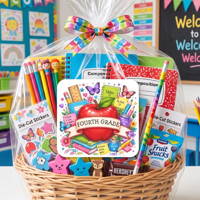Hello Fourth Grade Retro Apple Square Sticker (Creator Uploaded)