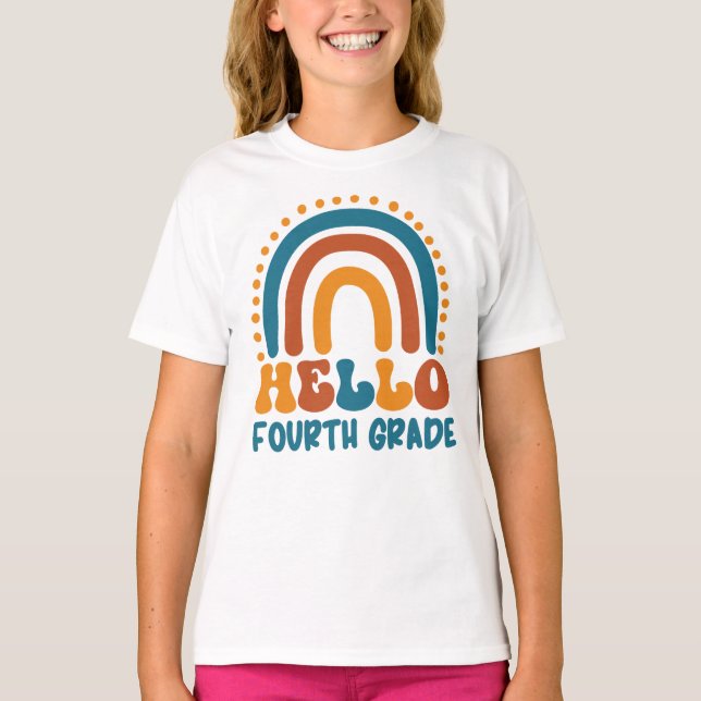 Hello Fourth Grade Retro style boho rainbow T-Shirt (Front)