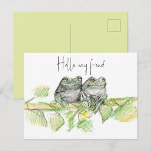 Hello Friend Frogs Tree Branch Nature Drawing Postcard