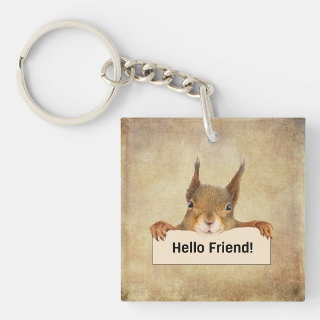 Hello Friend Funny Squirrel Personalised Key Ring (Front)