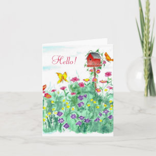 Hello Friend Red Birdhouse Butterfly Flower Card