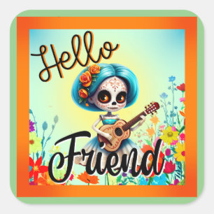 Hello Friend Sugar Skull Square Sticker