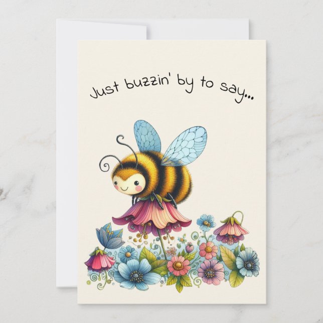 Hello Friendship Whimsical Bee and Flowers Card (Front)