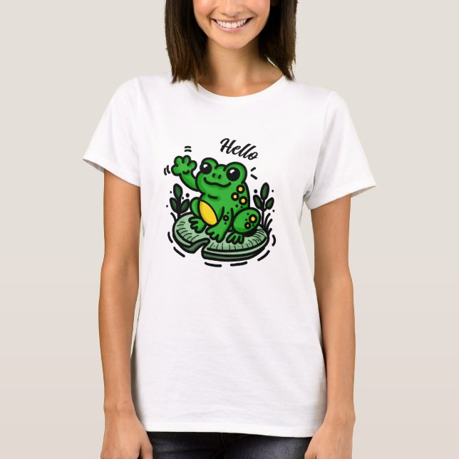 Hello | Frog on Lily Pad Hand Drawn T-Shirt (Front)
