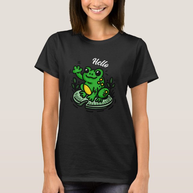 Hello | Frog on Lily Pad Hand Drawn T-Shirt (Front)