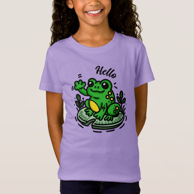 Hello | Frog on Lily Pad Hand Drawn T-Shirt (Front)