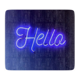 Hello Fun Neon Blue Sign Bright and Cheerful Cutting Board