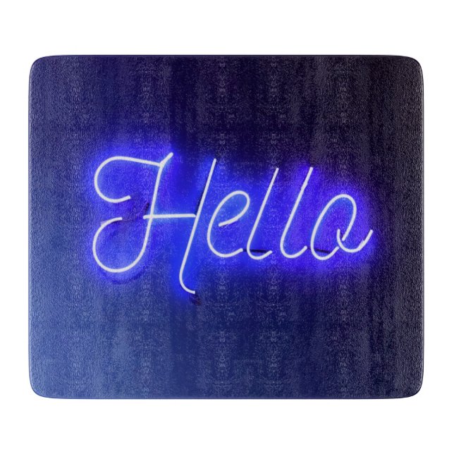 Hello Fun Neon Blue Sign Bright and Cheerful Cutting Board (Front)