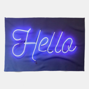 Hello Fun Neon Blue Sign Bright and Cheerful Tea Towel