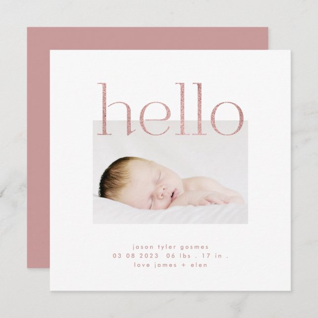 hello Glitter Pink Foil modern simple minimalistic Announcement (Front/Back)