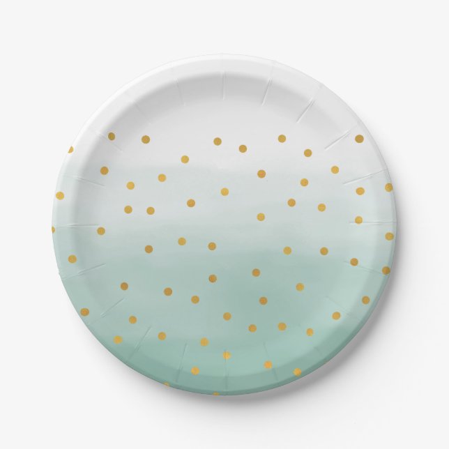 Hello Gold Mint Confetti Ombre Paper Plate (Front)