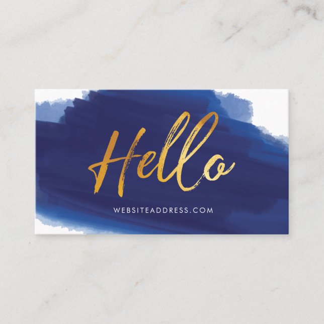Hello Gold Script | Navy Watercolor Brush Stroke Business Card (Front)