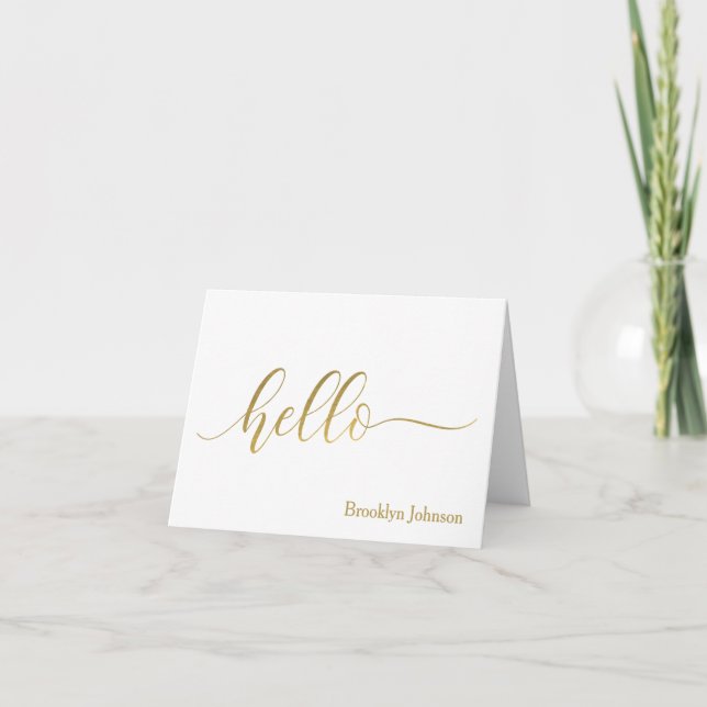 "Hello" Gold Typography Name Personalised Note Card (Front)