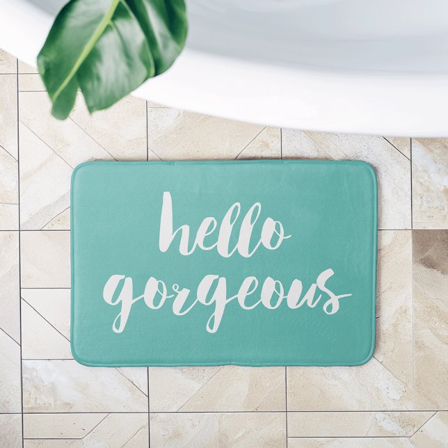 Hello Gorgeous | Aqua & White Typography Bath Mat (Creator Uploaded)