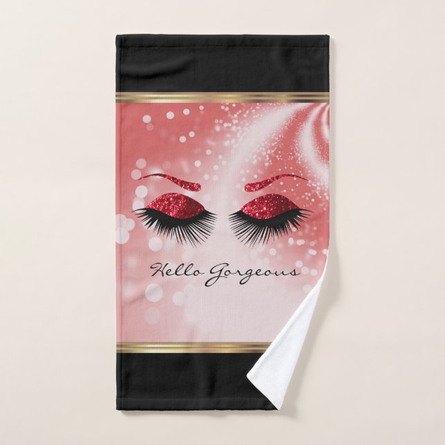Hello Gorgeous - Beautiful Eyelashes with Red Bath Towel Set (Hand Towel)