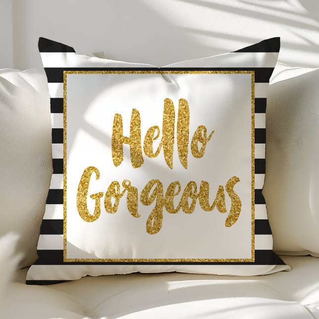Hello Gorgeous Black & White Gold Glitter Stripes Cushion (Creator Uploaded)