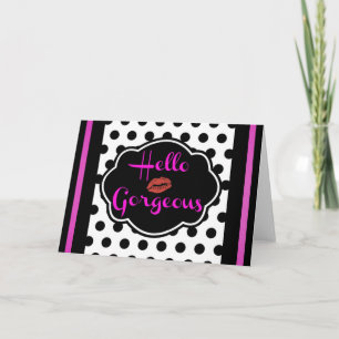 Hello Gorgeous Black White Polka Dot Hot Pink Holiday Card